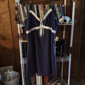 Navy Blue Dress with White Lace Trim